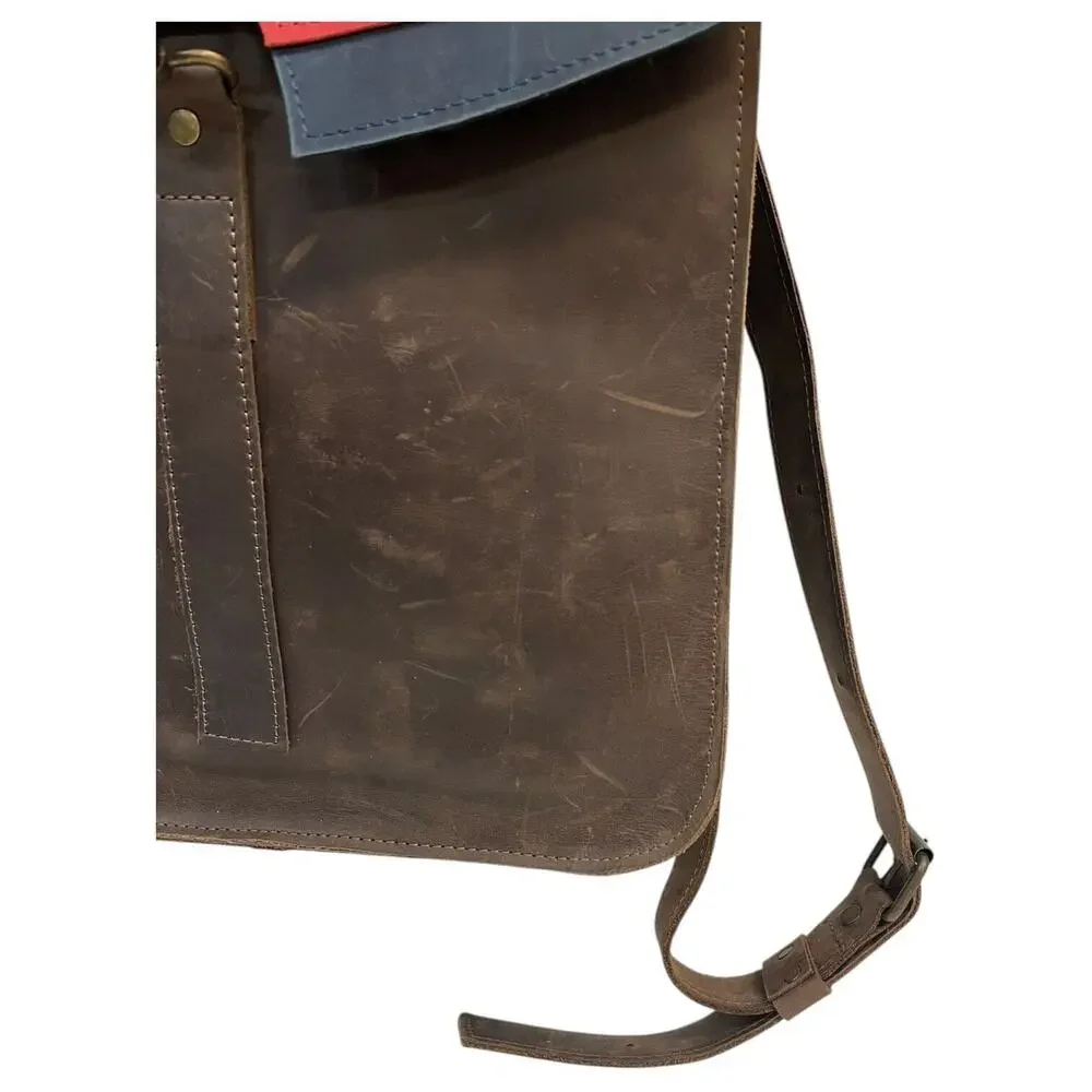 Leather Handmade Backpack Laptop Flap Closure Adjustable Clasp Unisex Brown